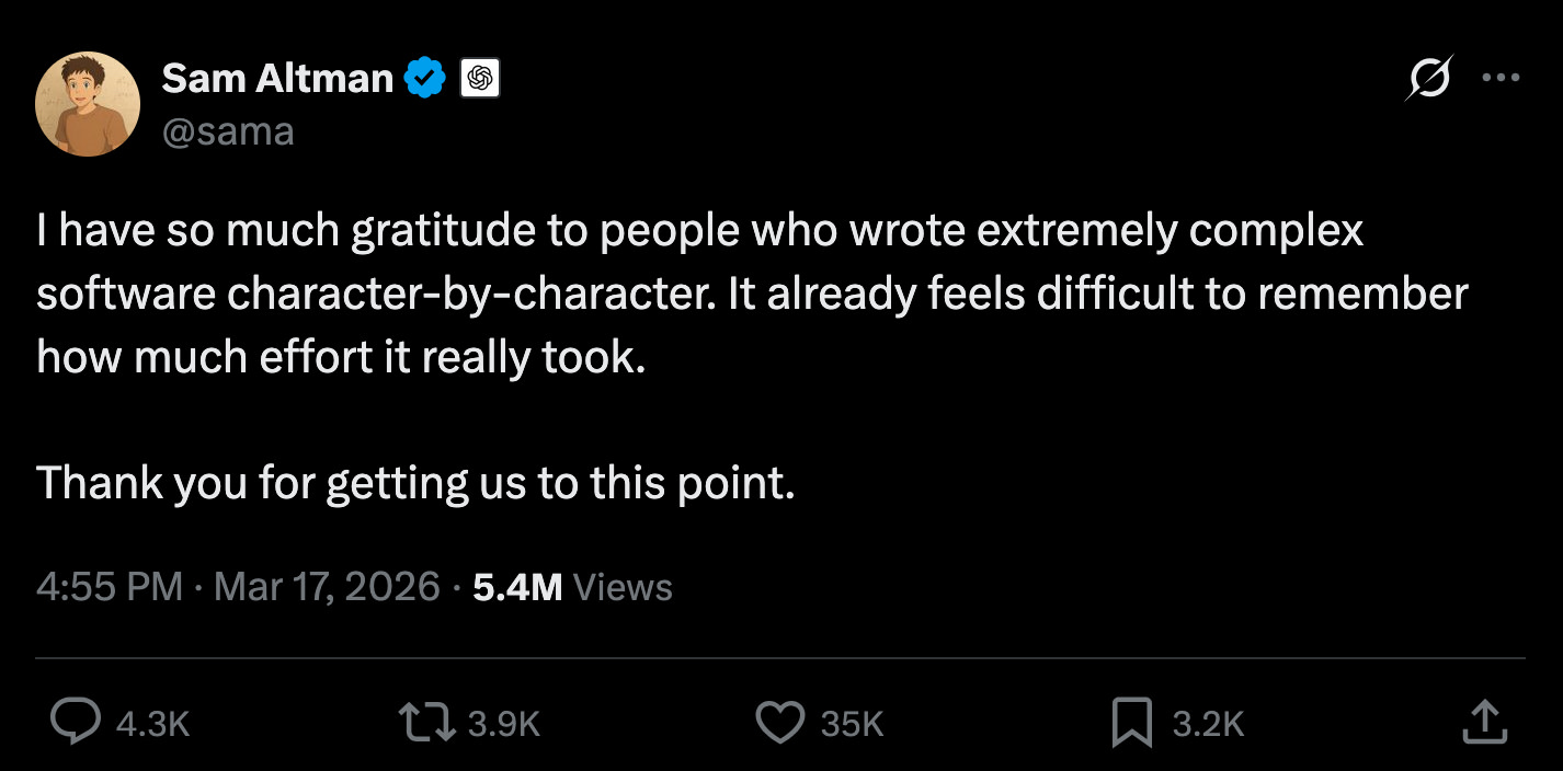 Sam Altman tweet: I have so much gratitude to people who wrote extremely complex software character-by-character. It already feels difficult to remember how much effort it really took. Thank you for getting us to this point. — 4:55 PM · Mar 17, 2026 · 4.9M Views